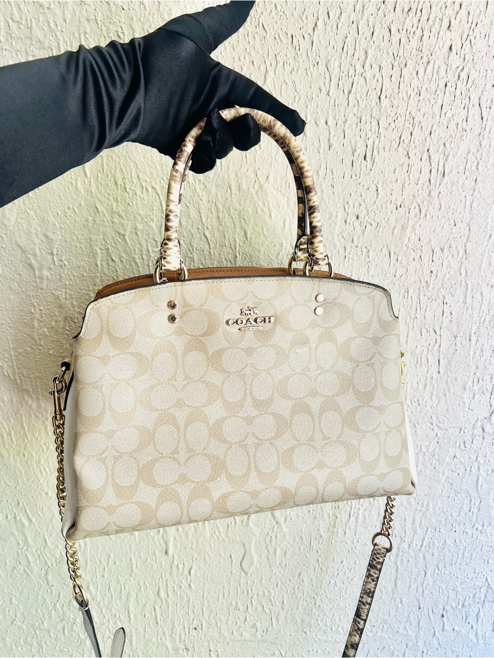 Coach Cream Signature Canvas Satchel with Brown Trim